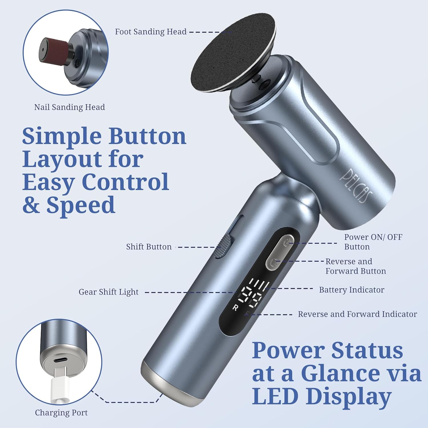 PELCAS Electric Foot Callus Remover with LED Screen, Upgraded Electric Foot File, 2 in 1 Manicure & Pedicure Kit for Women & Men, Cordless Feet Filer for Foot Callus, Thick Nails, Finger Nails Grey - Image 7