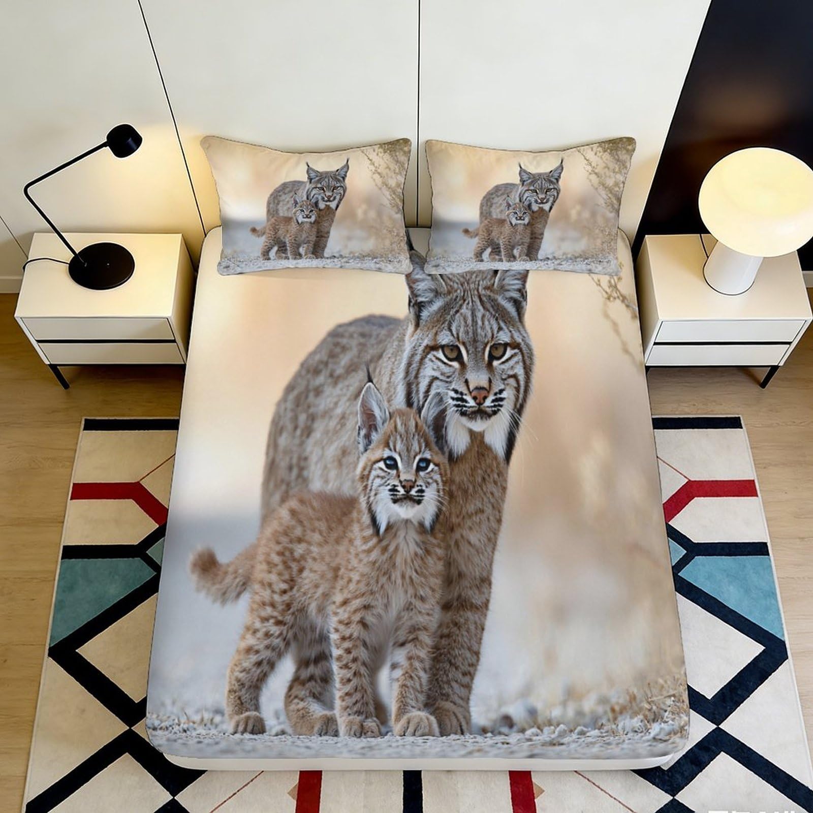 3D Printed Wild Lynx Fitted Sheet Microfiber Soft Durable Cougar Bed Cover for Bedroom Guest Room Decor Mattress Protection 90x200x25cm