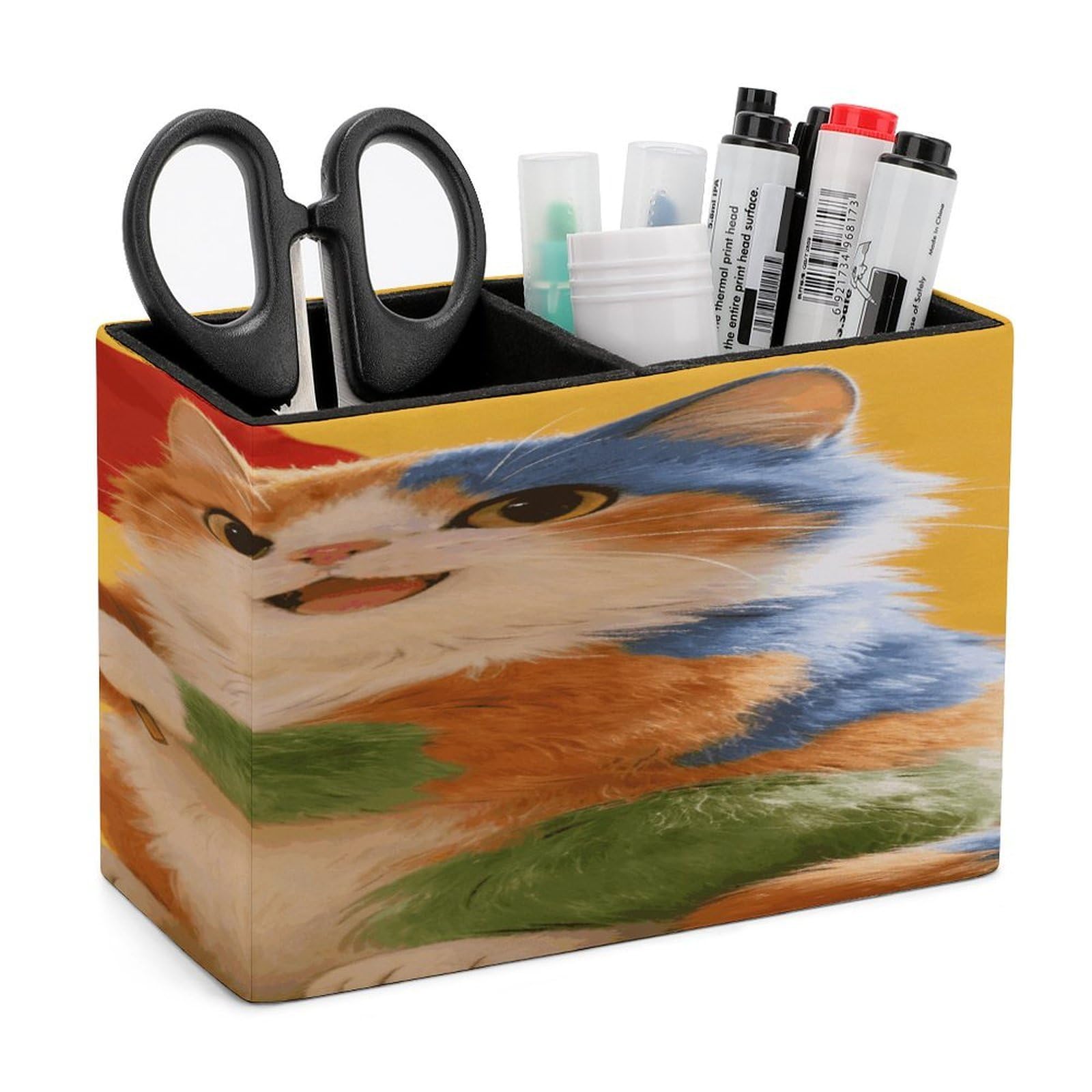 LZQPOEAS Colorful Cat And National Flag Pen Holder Double Compartments Pen Cup Makeup Brush Holders Leather Pencil Holder Locker Organizer for Work Locker Accessories Modern Pencil Cup for Desk