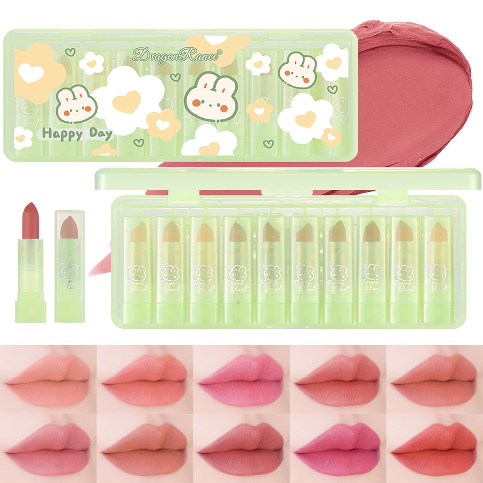 10 Pcs Lip Tint Set Cute Glossy Lip Stains and Matte Lipsticks with Long-lasting and Quick-drying Mini Lip Gloss Lipstick for Makeup Gift (Green