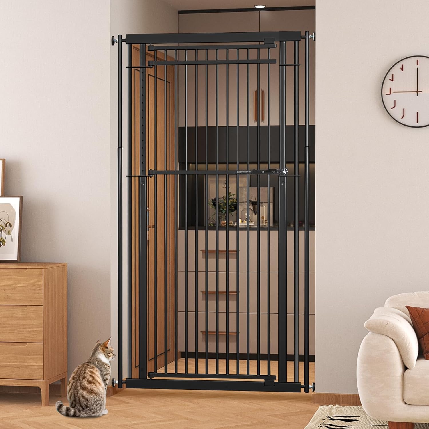 78.8" Extra Tall Cat Gate, 32.8-37.4" Wide Tall Dog Gate for Doorways/Hallways, NO Drilling Pressure Mounted Pet Gate for Stairs, Studio, Kitchen (Black)