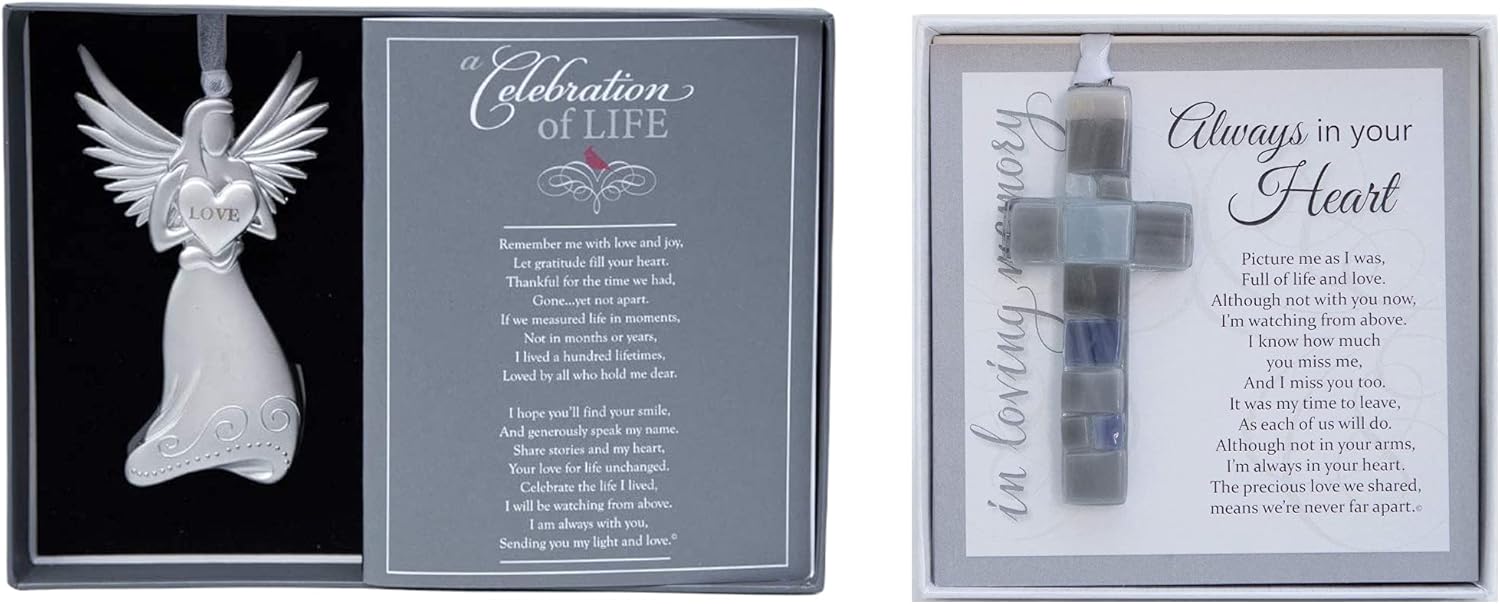 Condolence Gift Set - Celebration of Life Memorial Ornament and Always in Your Glass Cross with Heartfelt Condolence Sentiments- Sympathy Gift for Family & Friends