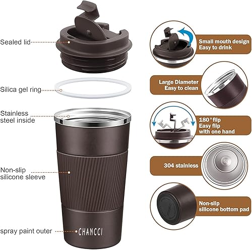 Miniatura 2 de Taza de café de viaje a prueba de derrames, a prueba de fugas, taza de café aislada de 16 onzas con tapa de rosca, vaso de acero inoxidable al