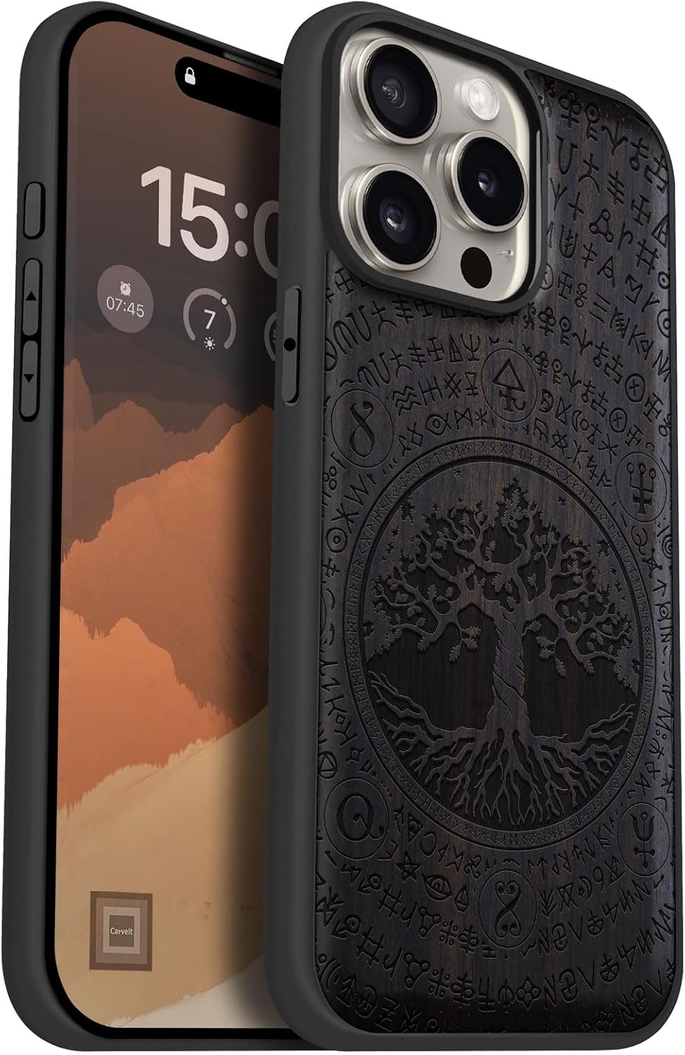 Carveit Magnetic Wooden Case for iPhone 15 Pro Max Case, Compatible with MagSafe Wireless Chargers, Black Soft TPU Shockproof Cover & Wood Artisan Engraved (World Tree of Norse Mythology) - Blackwood