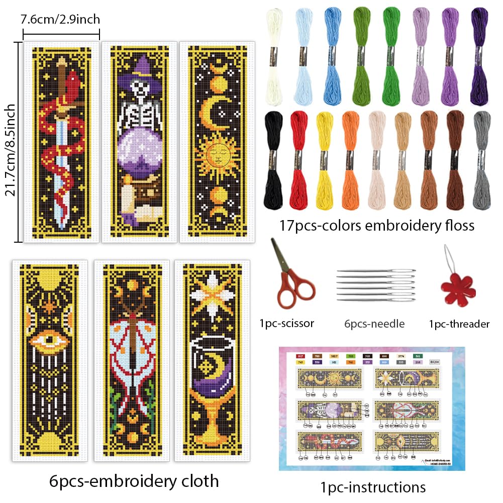 INFUNLY 6pcs Sun and Moon Astrology Cross Stitch Bookmark Kits Evil Eye DIY Cross Stitch Kit for Beginners with Instruction Moon Phases Divination Stamped Embroidery Bookmark Kit for Book Lovers Gift - Image 2