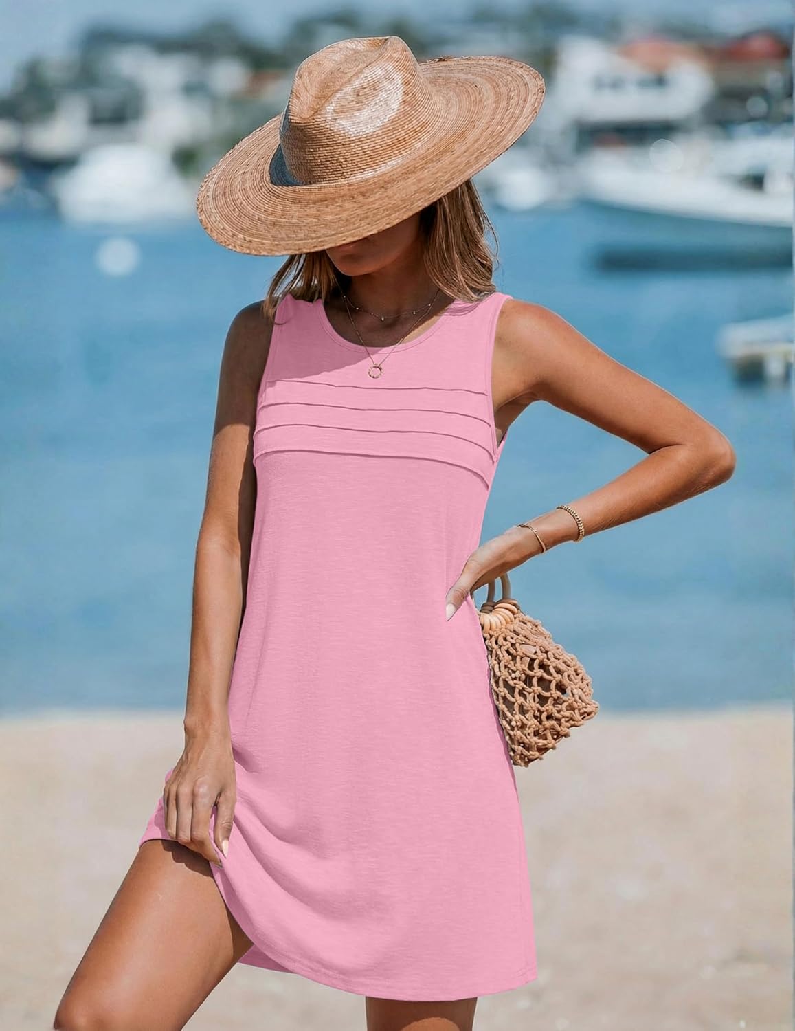 Ekouaer Womens Swimsuit Cover Up Pleated Front Bathing Suit Coverups 2026 Casual Tank Beach Dress with Pockets S-2XL - Image 2