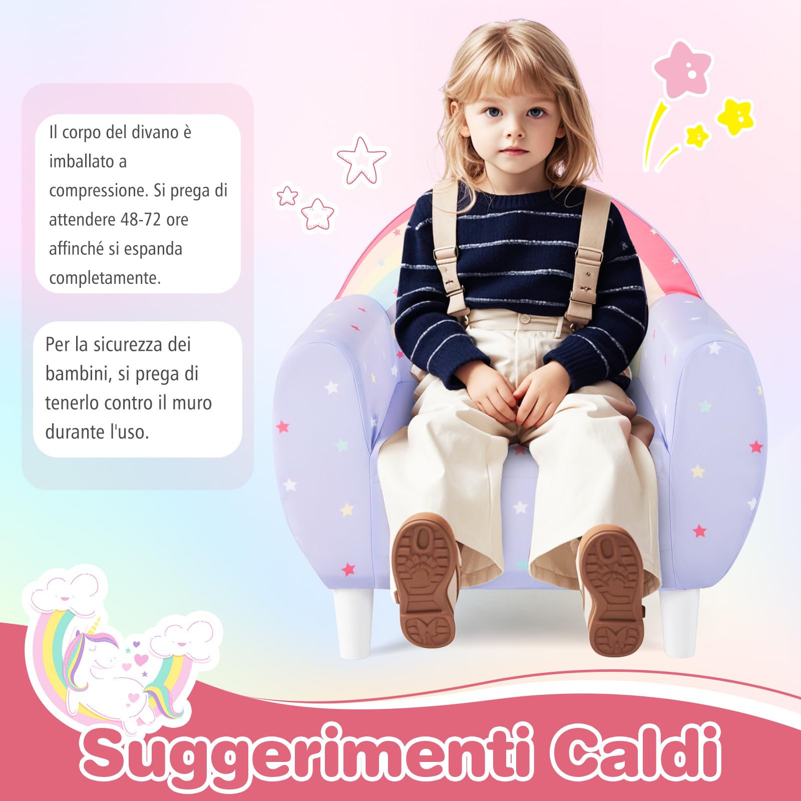 COSTWAY Divano per Bambini a Forma di Unicorno 55 x 40 x 55cm, Poltrona Imbottita con Tessuto Elastico Traspirante e Riempimento in Spugna, Mobile Moderno per Cameretta (Lilla)