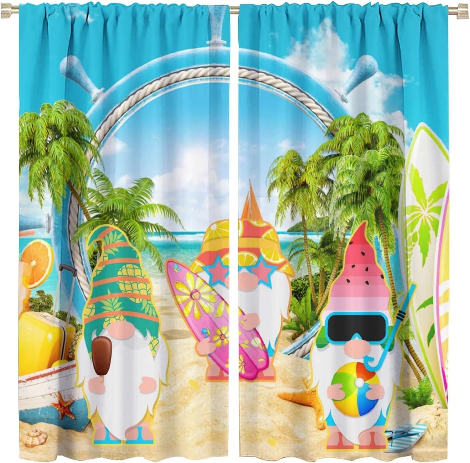 Cute Summer Gnome Blackout Curtains for Bedroom - Cartoon Beach Theme Gnome Palm Tree Tropical Fruit Design Window Drapes,Rod Pocket Room Darkening Curtains 2 Panels 45L x 21W