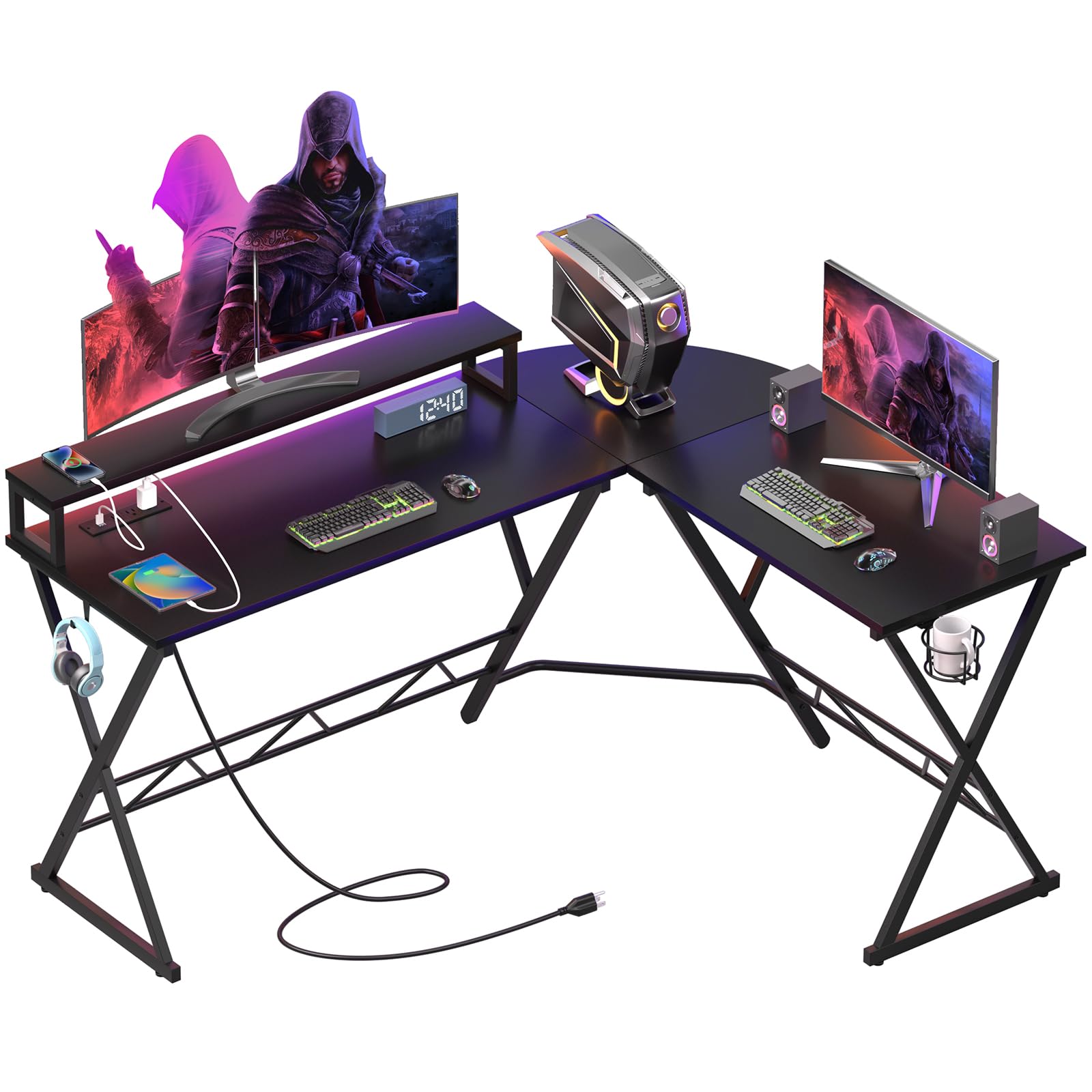 GreenForest L Shaped Gaming Desk with Power Outlets, 60.2 Inch Corner