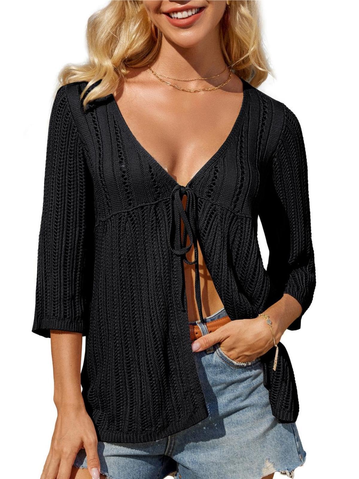 GRACE KARIN Women's Summer Crochet Cardigan Tie Front 3/4 Sleeve Cardigan Lightweight Knit Boho Sweater Kimono Beach Cover Up