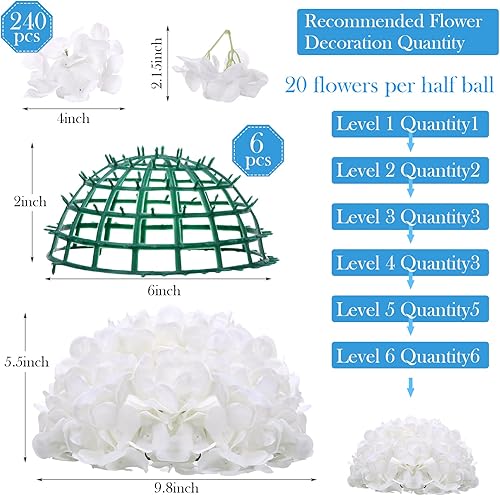 Miniatura 2 de Tigeen 6 piezas de ramo de arreglo de bolas de flores románticas de hortensias para boda, incluye 6 vejigas interiores de media bola y 240 flores de