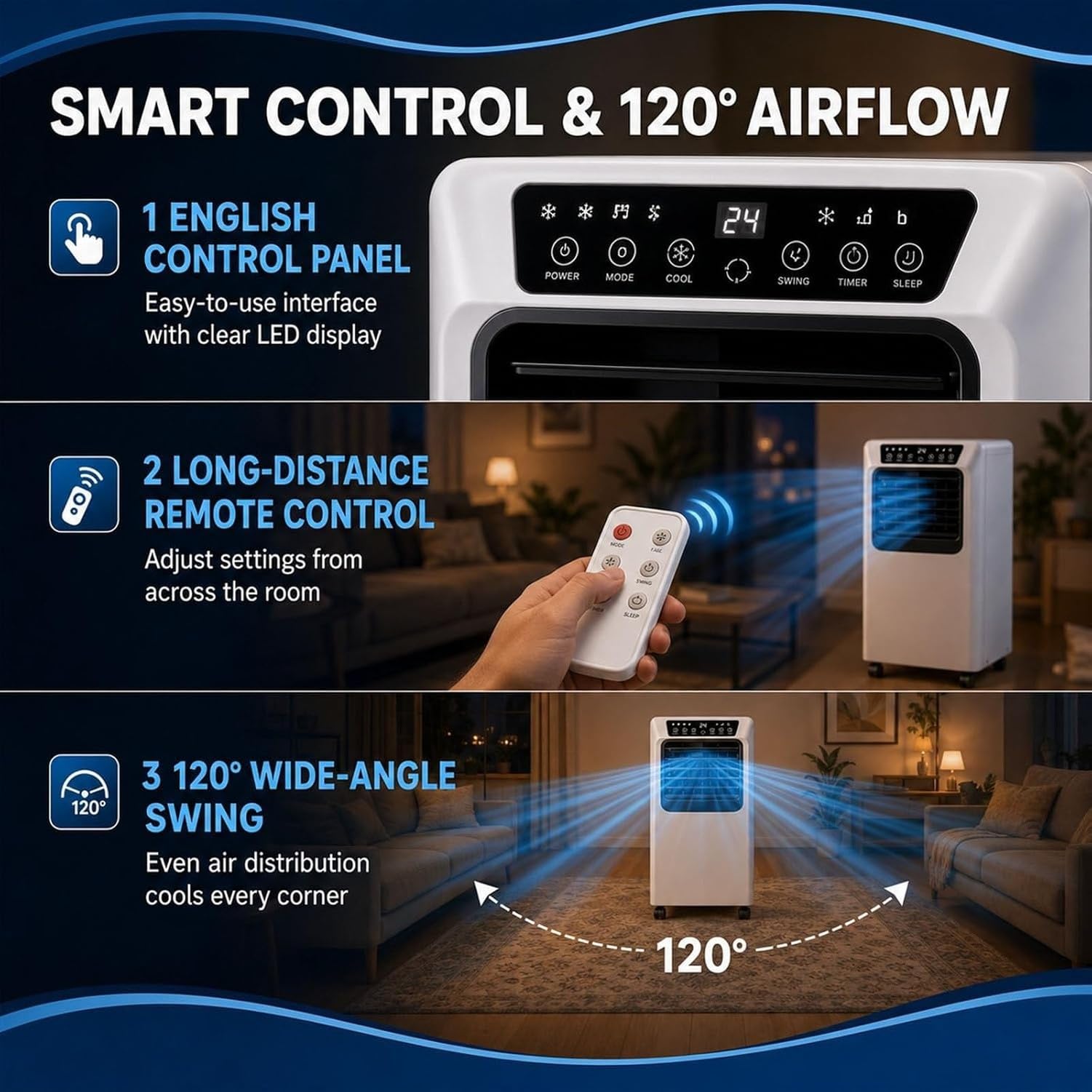 Condizionatore portatile ad aria fredda per stanze da 1-10 m², unità interna con doppio flusso di turbina, deumidificatore, pannello superiore e uomo, 9000BTU, 9000BTU