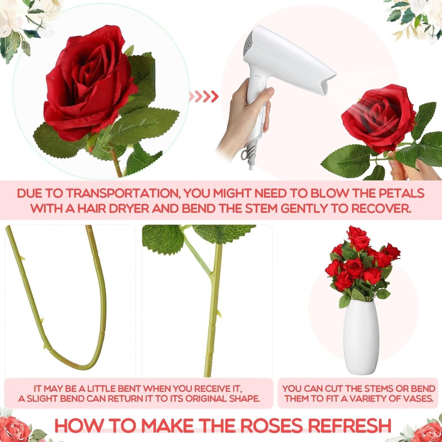 80 Pcs Artificial Silk Roses, Faux Roses, Long Stem Realistic Fake Flowers for Wedding Table Centerpieces Bridal Shower Home Decor(Red)