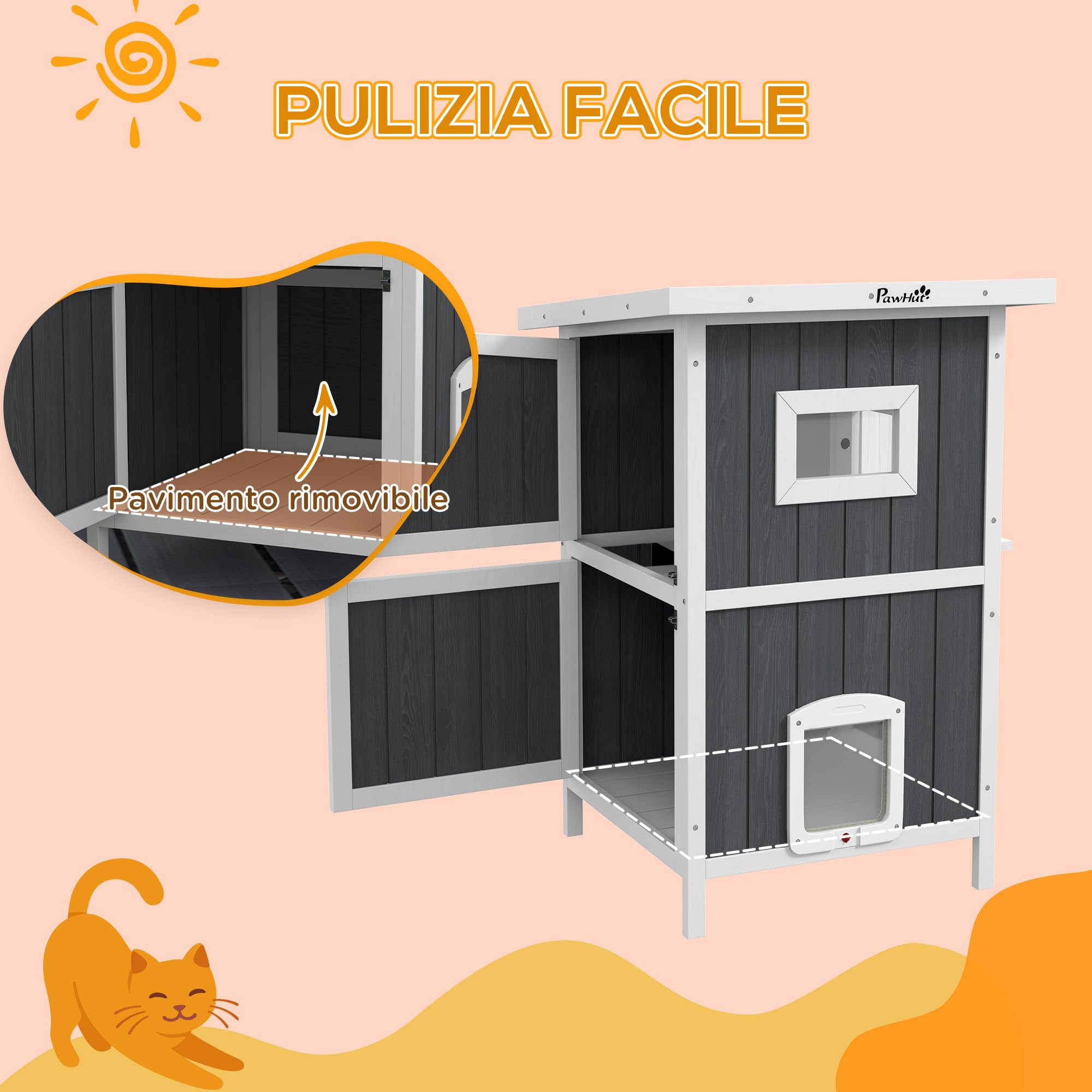 PawHut Cuccia Gatto Esterno in Legno di Abete a 2 Piani, Casetta per Gatti da Esterno con Tetto Apribile e Impermeabile, 60x60x90.5cm