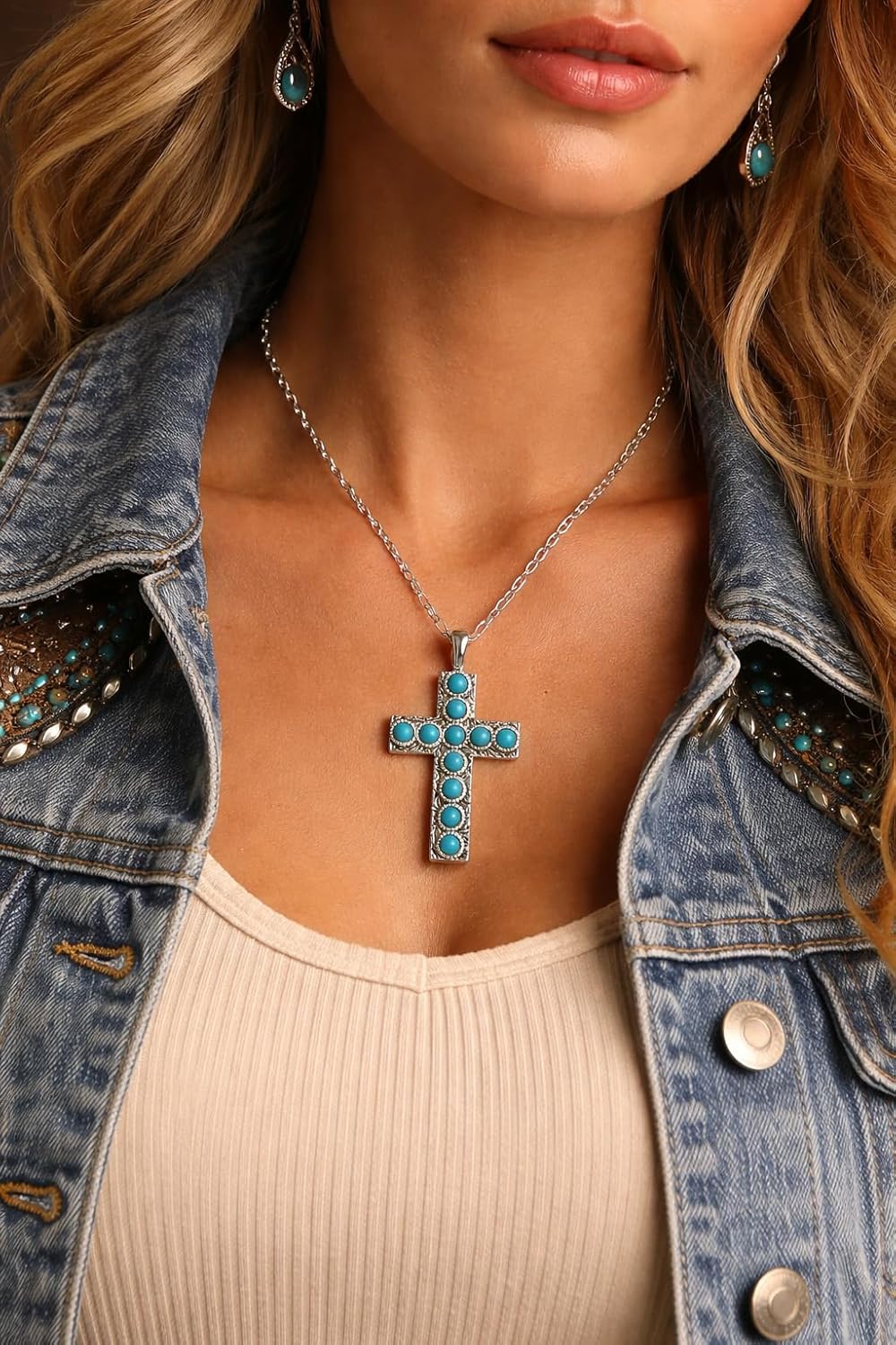 Western Sterling Silver Plated Cross Necklace for Women – Genuine Kingman Turquoise Stone Cross Pendant, Boho Cowgirl Jewelry, Southwestern Style Gift - Image 4
