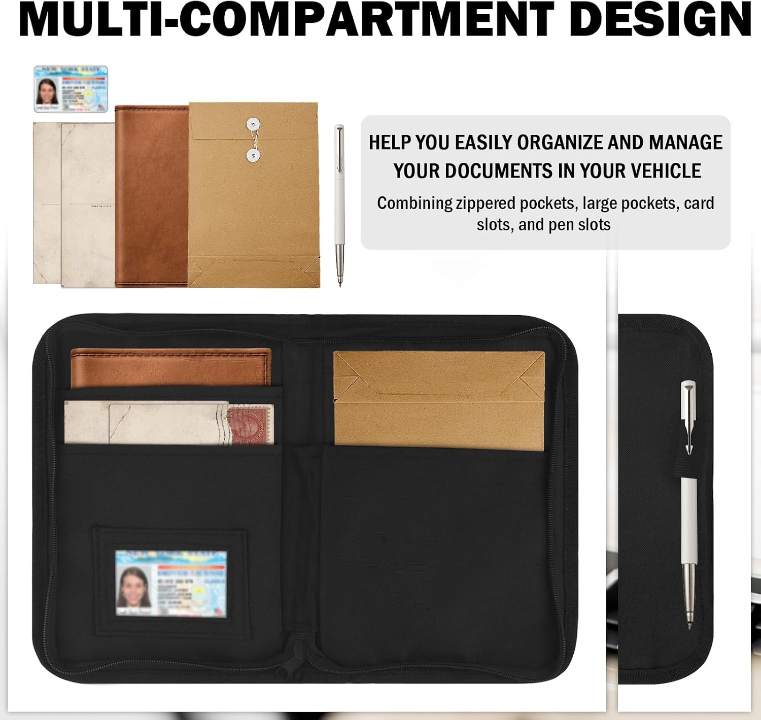 Car Registration and Insurance Holder with Multi-compartment Design,Zippered Car Document Holder for Driving License/Documents,Portable Cars Glove Box Organizer
