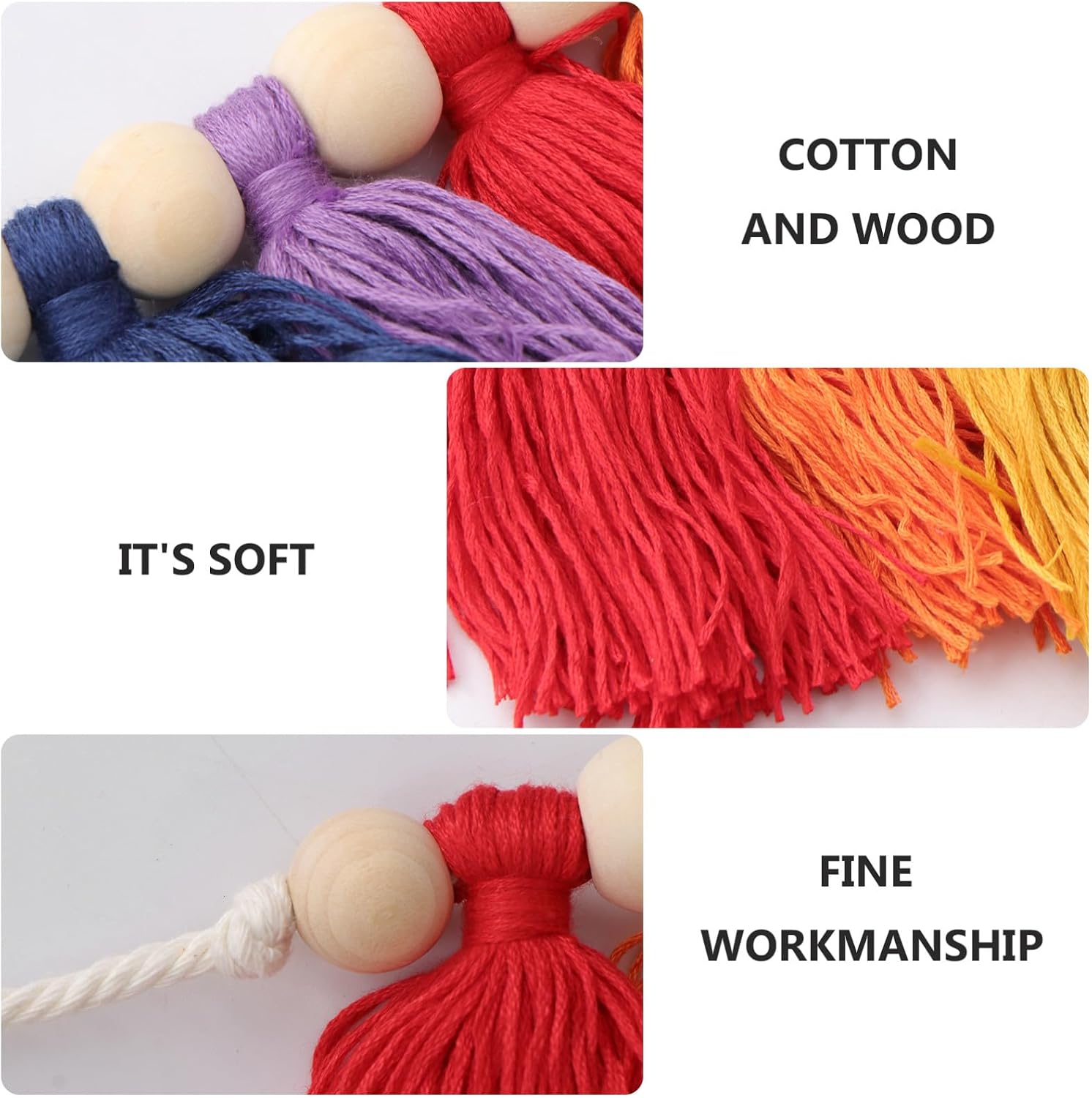 Colorful Wood Bead Tassel Wall Hanging, Handmade Macrame Cotton Yarn String Home Decor, Bohemian Household Hanging Decoration for Living Room and Bedroom