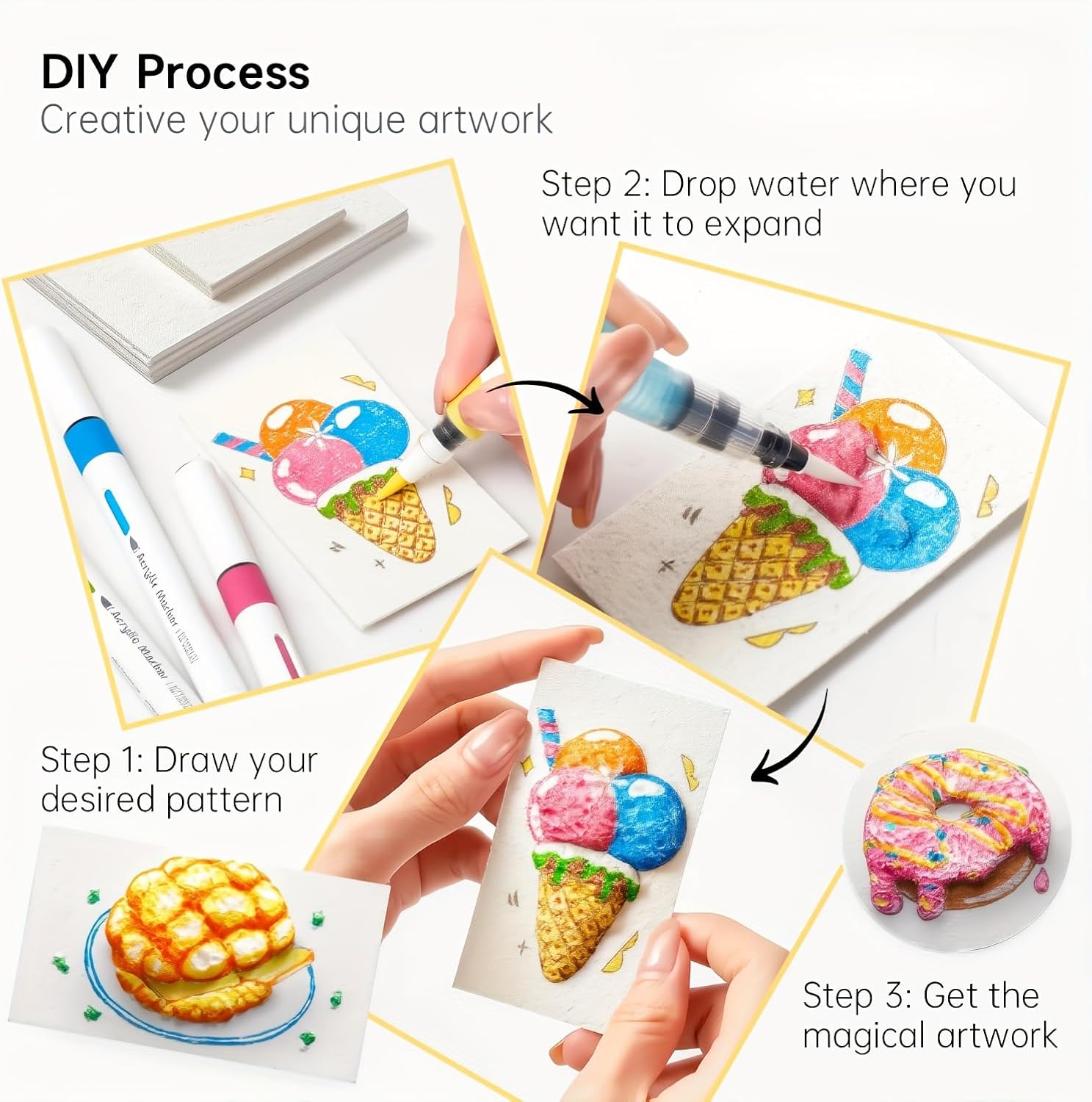 Magic Foam Texture Painting Kit, Including 12 Colors Brush Tip Acrylic Paint Markers, 10 Foam Texture Paper,3 Fountain Pens,10 Beaded Chains,1 Mini Easel, 3D Effect Magic Puffy Paint Kit (Heart)