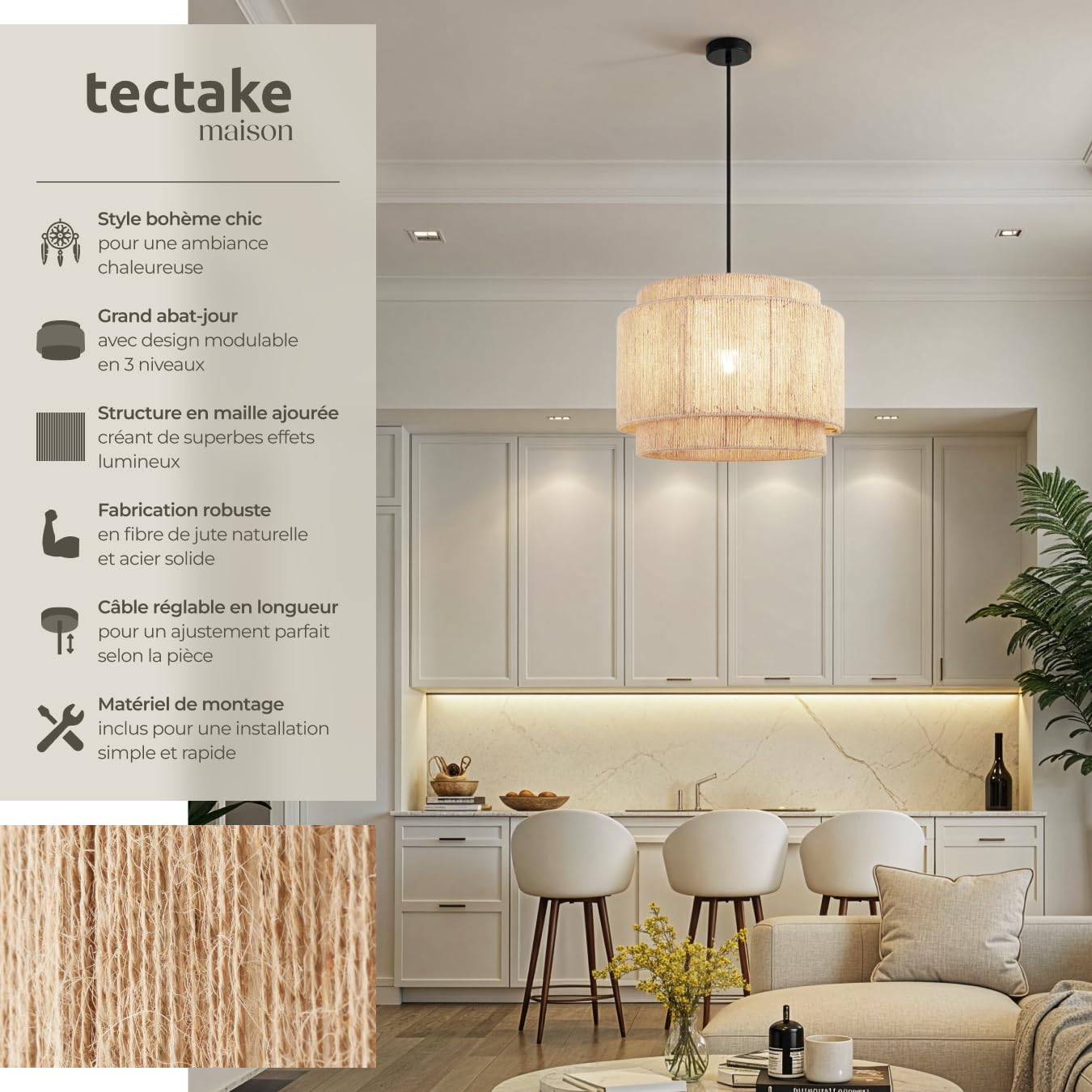 tectake® Suspension luminaire Ø46 x 32 cm, Abat jour en jute, Style Boho, Lustre 40W, Abat jour plafond, Lustre salon bohème, Plafonnier chambre Plafonnier cuisine Luminaire chambre, Suspension salon
