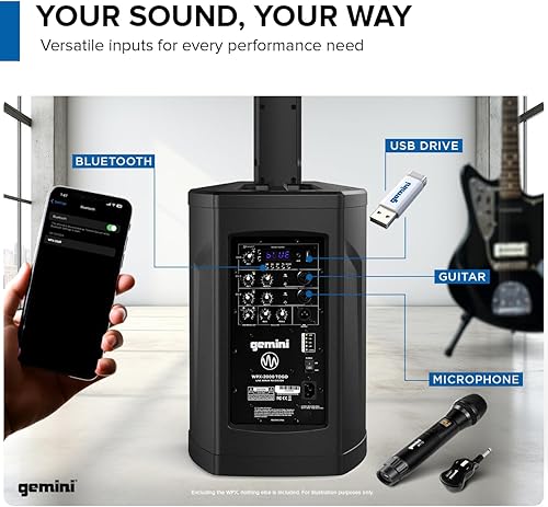 Miniatura 7 de Gemini Sistema PA alimentado por batería altavoces inalámbricos de matriz de línea con subwoofer, matriz de columna de 1000 W, mezclador