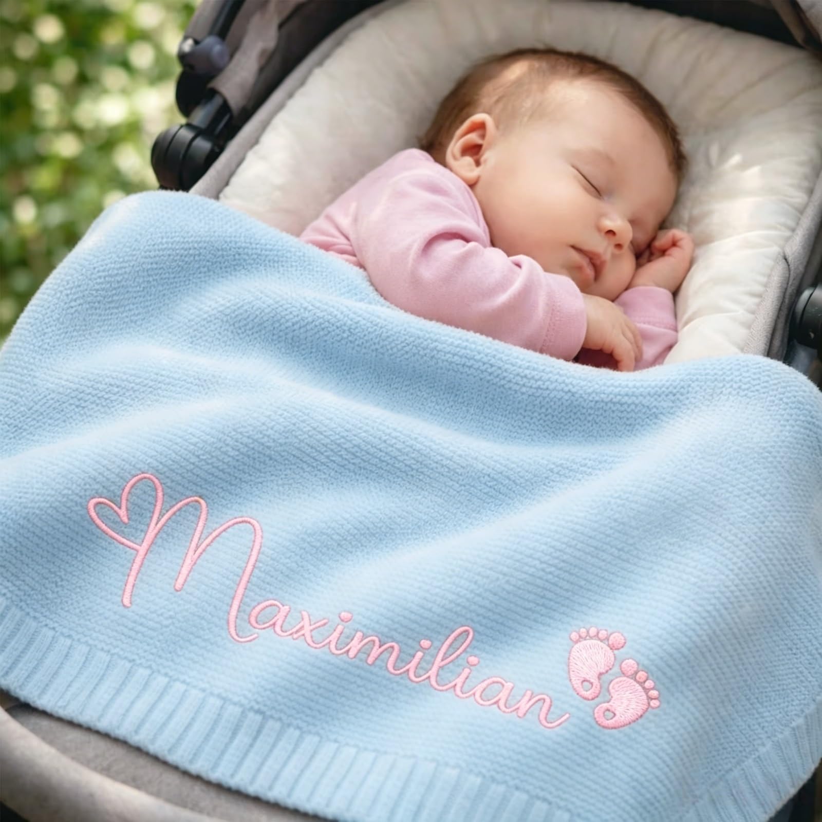 ZZTINGC Personalized Baby Blanket with Name and Icon, Cotton Knitted Blanket for Newborn, Custom Embroidered Gift for Toddler Stroller, Baby Shower(Light Blue)