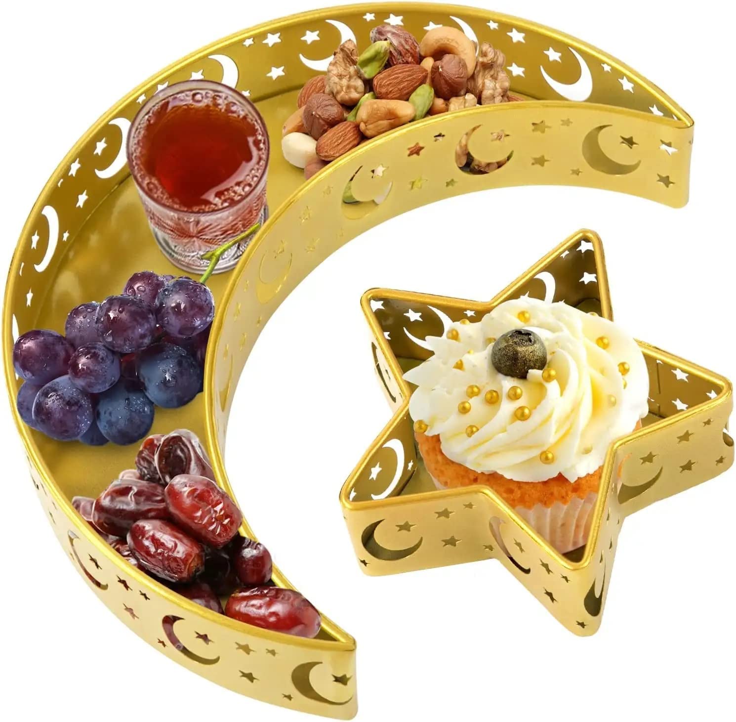 2 Pack Moon shape ramadan mubarak gold metal serving trays eid al adha set eid tray for food fruit dessert decoration