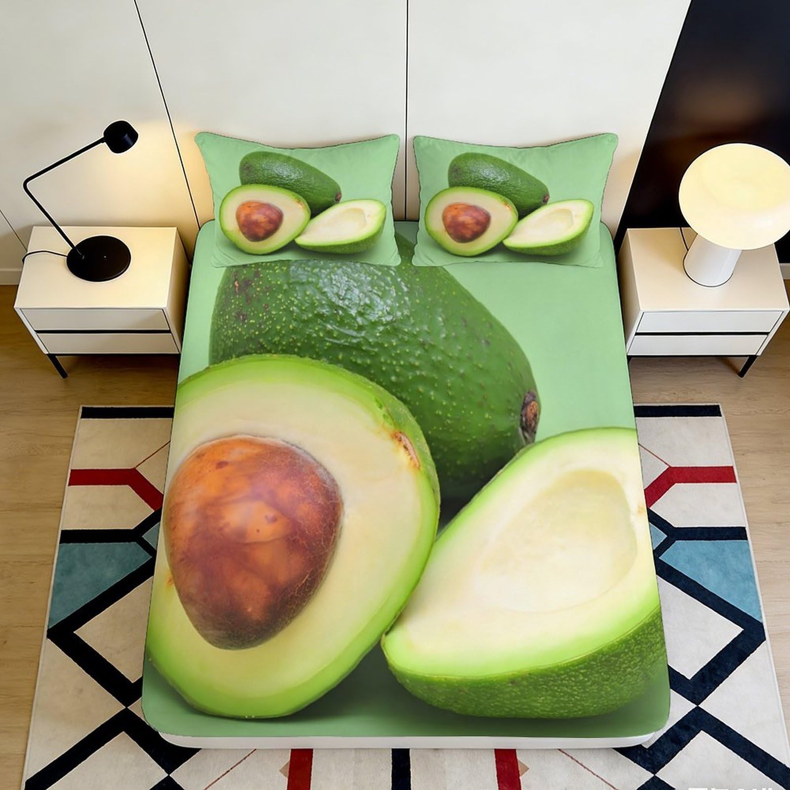 3D Printed Avocado Fruit Fitted Sheet Microfiber Soft Green Bedding Mattress Cover for Bedroom Guest Room Decor 160x200x25cm