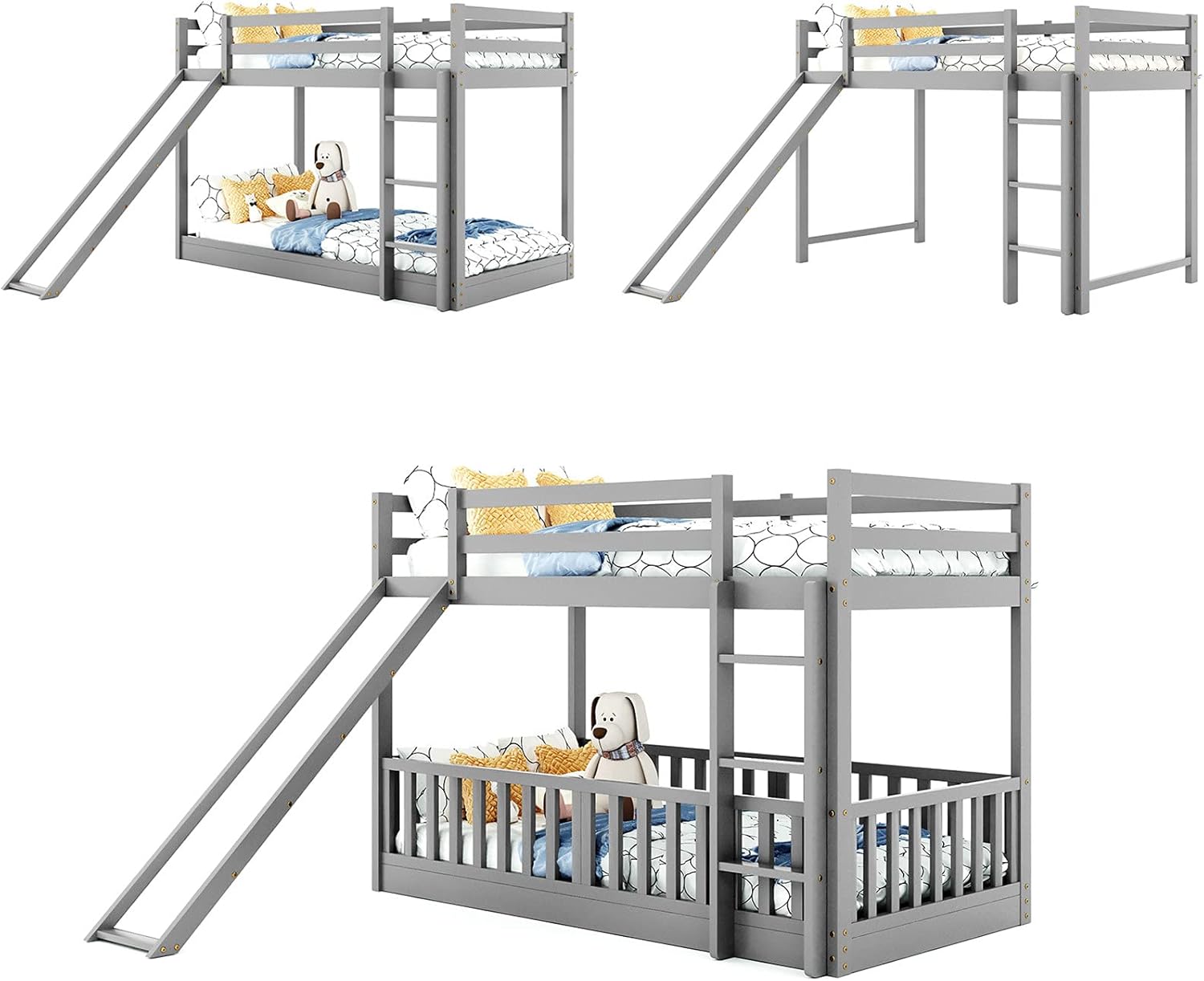 Harper & Bright Designs Bunk Bed with Slide, Twin Over Twin Bunk Bed for Kids Toddlers, Wood Low Beds Frame with Ladder for Boys and Girls, No Box Spring Needed, Grey