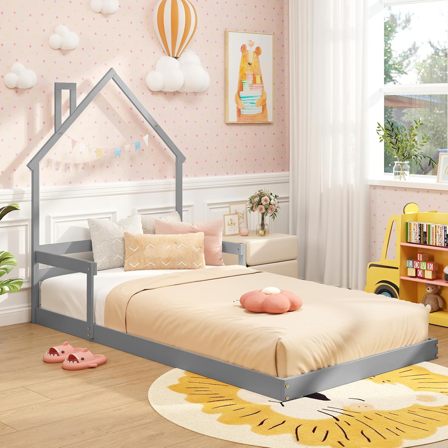 Giantex Twin Floor Bed for Kids, Wood Montessori Bed with Chimney Headboard, Without Slats, House Floor Beds Frame for Boys, Girls, Grey