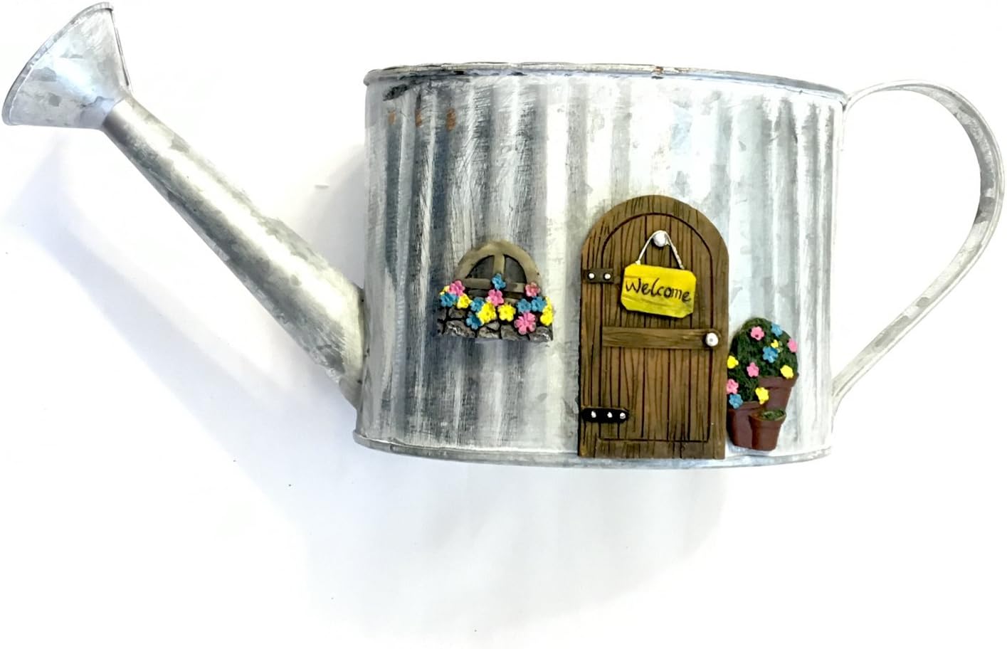 Galvanized Watering Can Container with Fairy Garden Door, Window & Flower Pot Accessories for DIY Miniature Garden