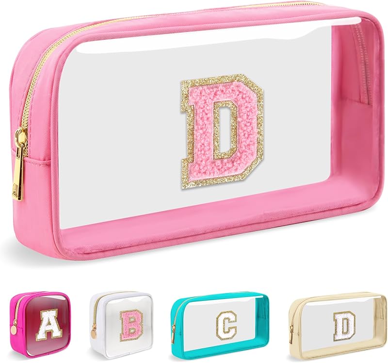 Necessaire de maquiagem transparente Iqimott com inicial Chenille, nylon, zíper, Pink-Pink D