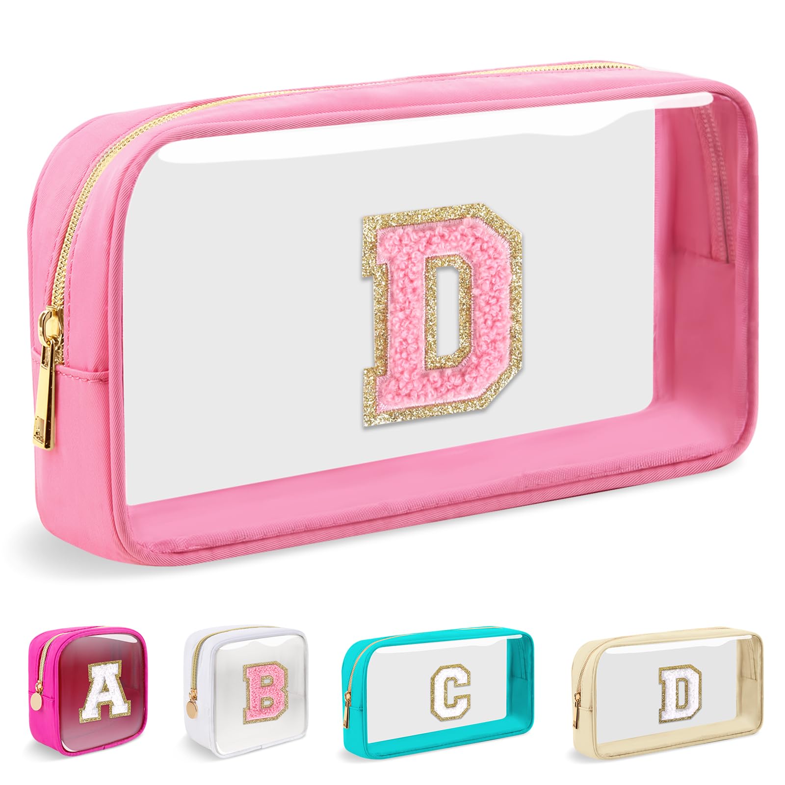 Small Clear Personalized Initial Makeup Bag,Nylon Preppy A-Z Chenille Letter Patch Cosmetic Pouch Beach Toiletry Bag,Waterproof Zipper Travel Purse