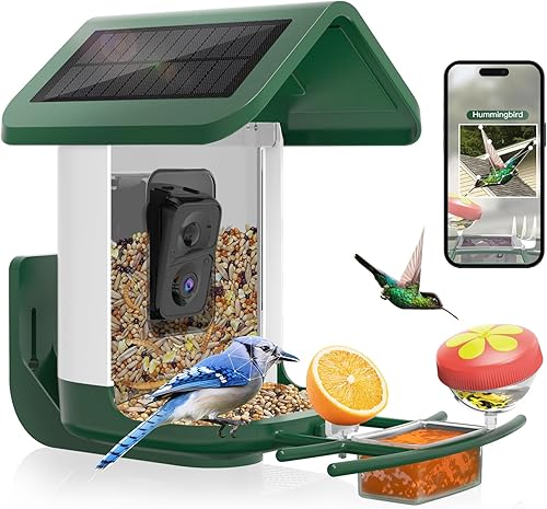 Miniatura 20 de Comedero para pájaros con cámara alimentado por energía solar: alimentador de pájaros con cámara inteligente de vapor en vivo 2K para exteriores
