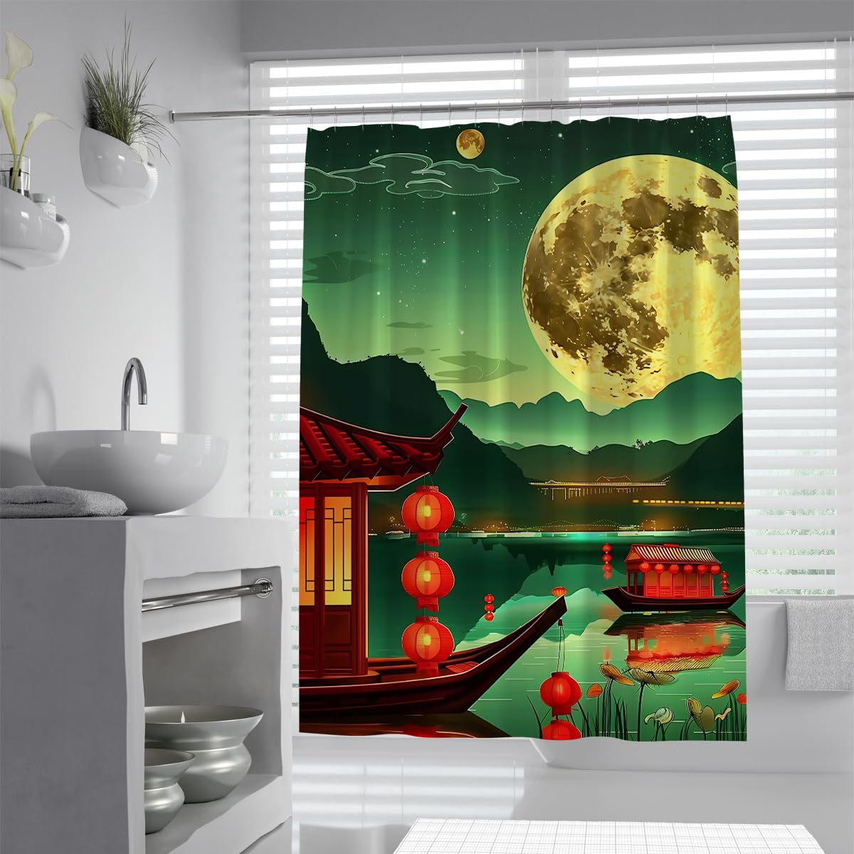 UERWOWELL Vintage Oriental Bathroom Curtain Chinese Mid Autumn Festival Shower Curtain Full Moon River Boat Red Lanterns Night Scenery Bath Curtains W180xL180 cm