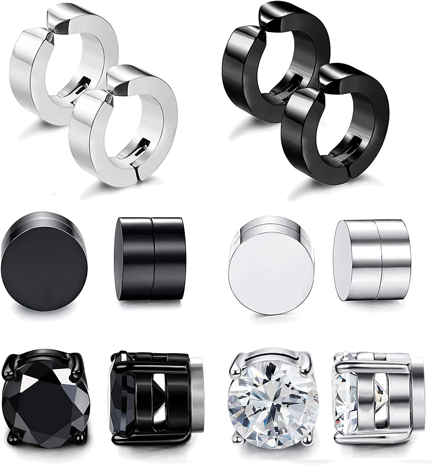 Adramata 6 Pares de Aretes Magnéticos de Acero Inoxidable Para Hombres Mujeres, CZ Pendientes de Iman, Pendientes Aro Hombre, Pendientes Sin Agujero Hombre,A