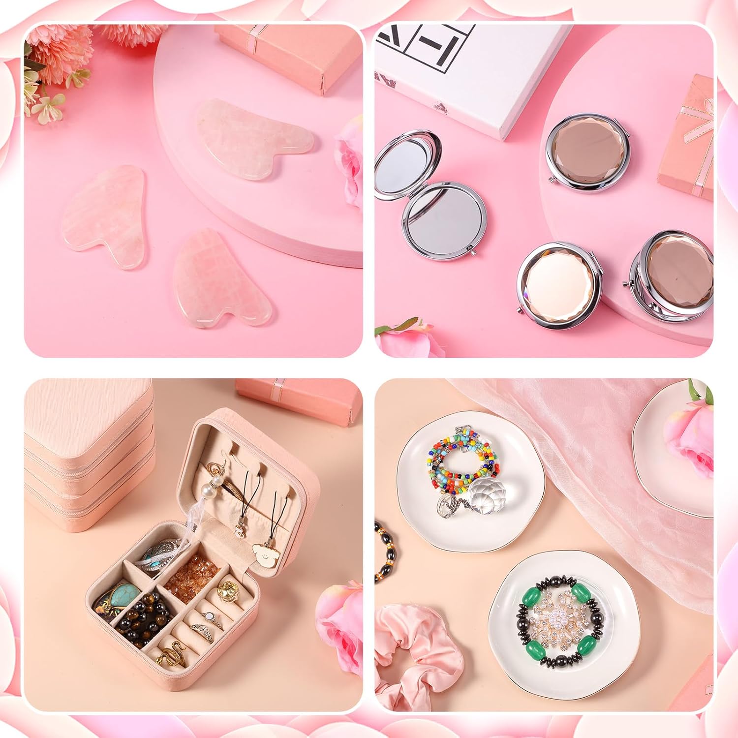 48 Pcs Bridesmaid Proposal Gifts Scrunchies Square Hair Claws Sunglasses Jewelry Storage Boxes Eye Masks Mini Makeup Mirrors Ceramic Jewelry Trays Gua Sha Facial Tool Bridal Gift for Wedding