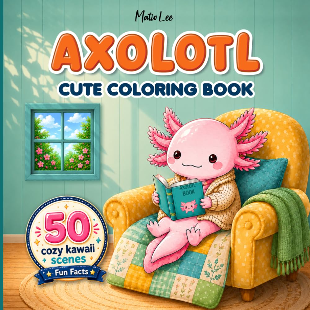 Cute Axolotl Coloring book for kids: 50 Cozy Kawaii scenes & 50 Fun Facts about Axolotls