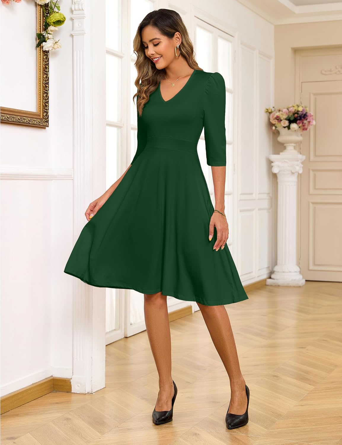 MAKABO Women's 2026 Cocktail Formal Dresses, 3/4 Sleeve V Neck Church Vintage Dress with Pockets for Prom Party - Image 7