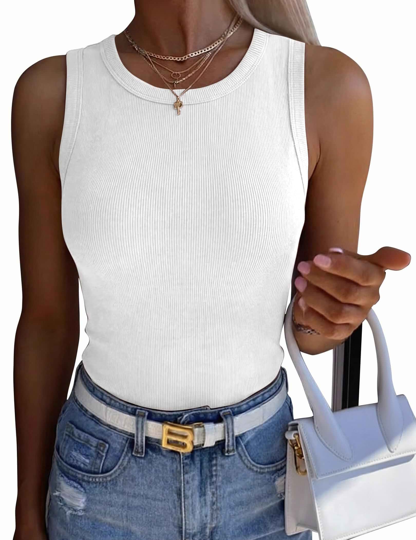 Zeagoo Womens Sleeveless Crewneck Ribbed Tank Tops Casual Basic Summer Top Cute Going Out Shirts, Slim Fitted Women Tops, Racerback Top Shirt Clothes, Dressy Casual Fashion Clothing