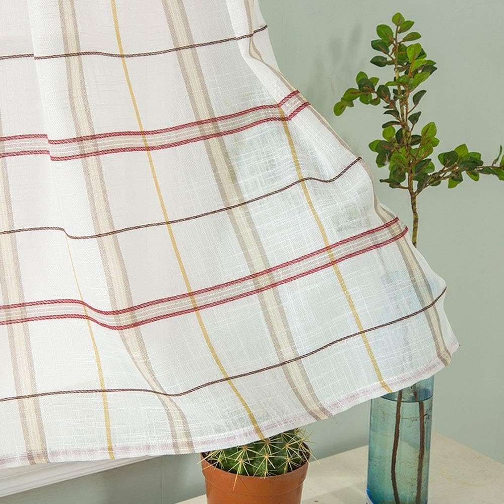 WUBODTI Semi Sheer Buffalo Plaid Curtains for Living Room 2 Panels, Faux Linen Geometric Dining Room Window Treatments Red Striped Curtain Drapes for Farmhouse Bedroom 84 Inch Length, Tan and Brown