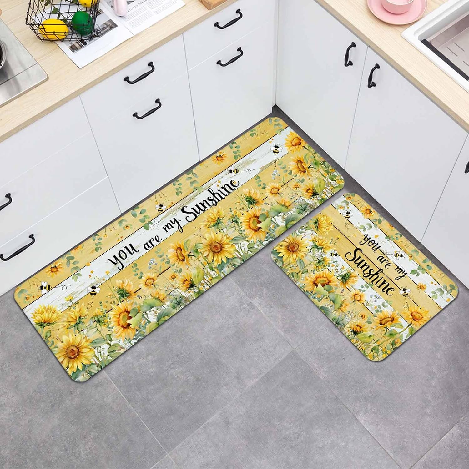Prime Leader Summer Floral Kitchen Mat Set 2 Pieces Watercolor Sunflower Leaf Bee Yellow Wood Grain Non Slip Kitchen Rugs Washable Runner Rug Mats for Sink Laundry (15.7" x 23.6"+15.7" x 47.2")