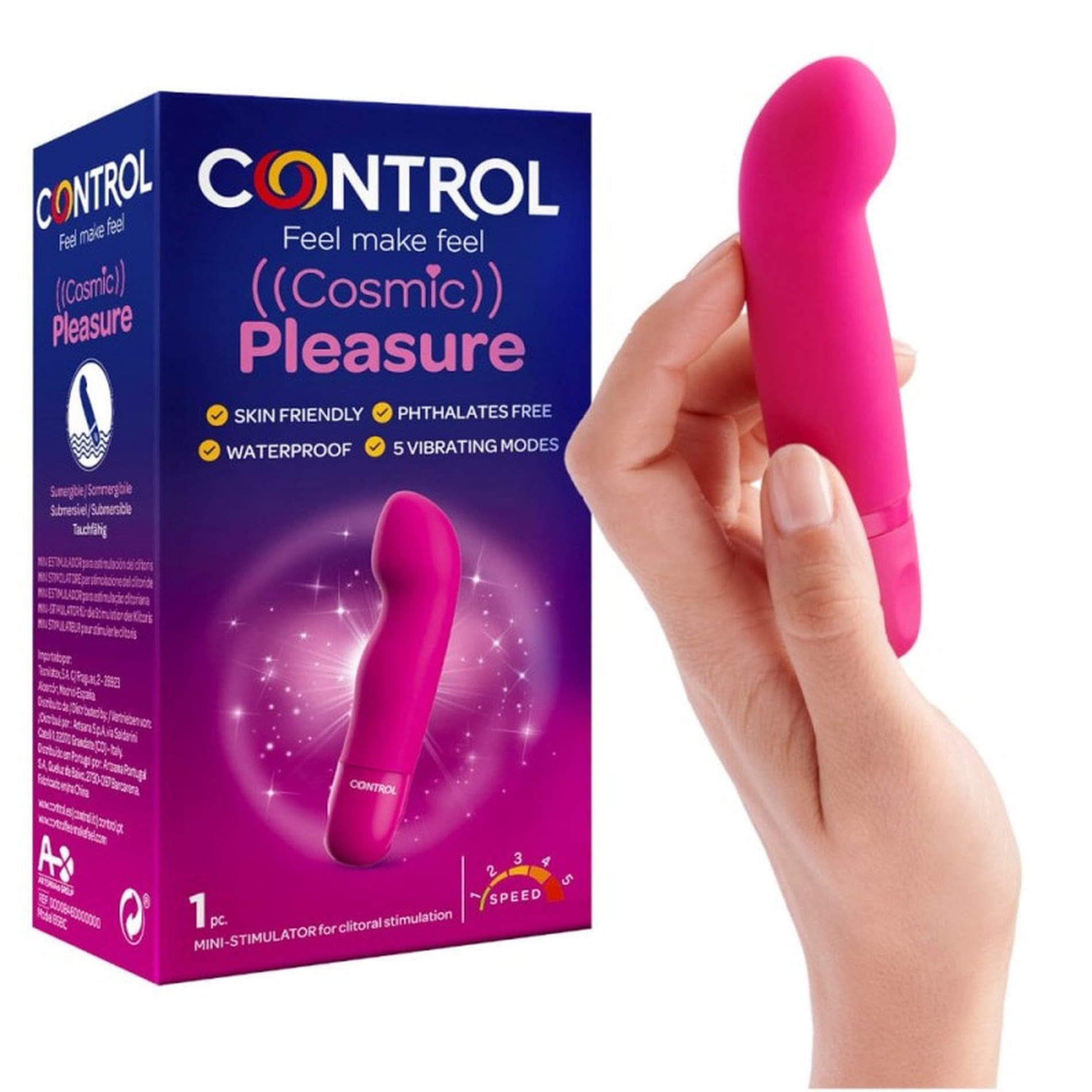Control Cosmic Pleasure, Mini Stimolatore con Design a Curva, Silicone medico senza Ftalati e Skin Friendly, Impermeabile e sommergibile (IPX7)