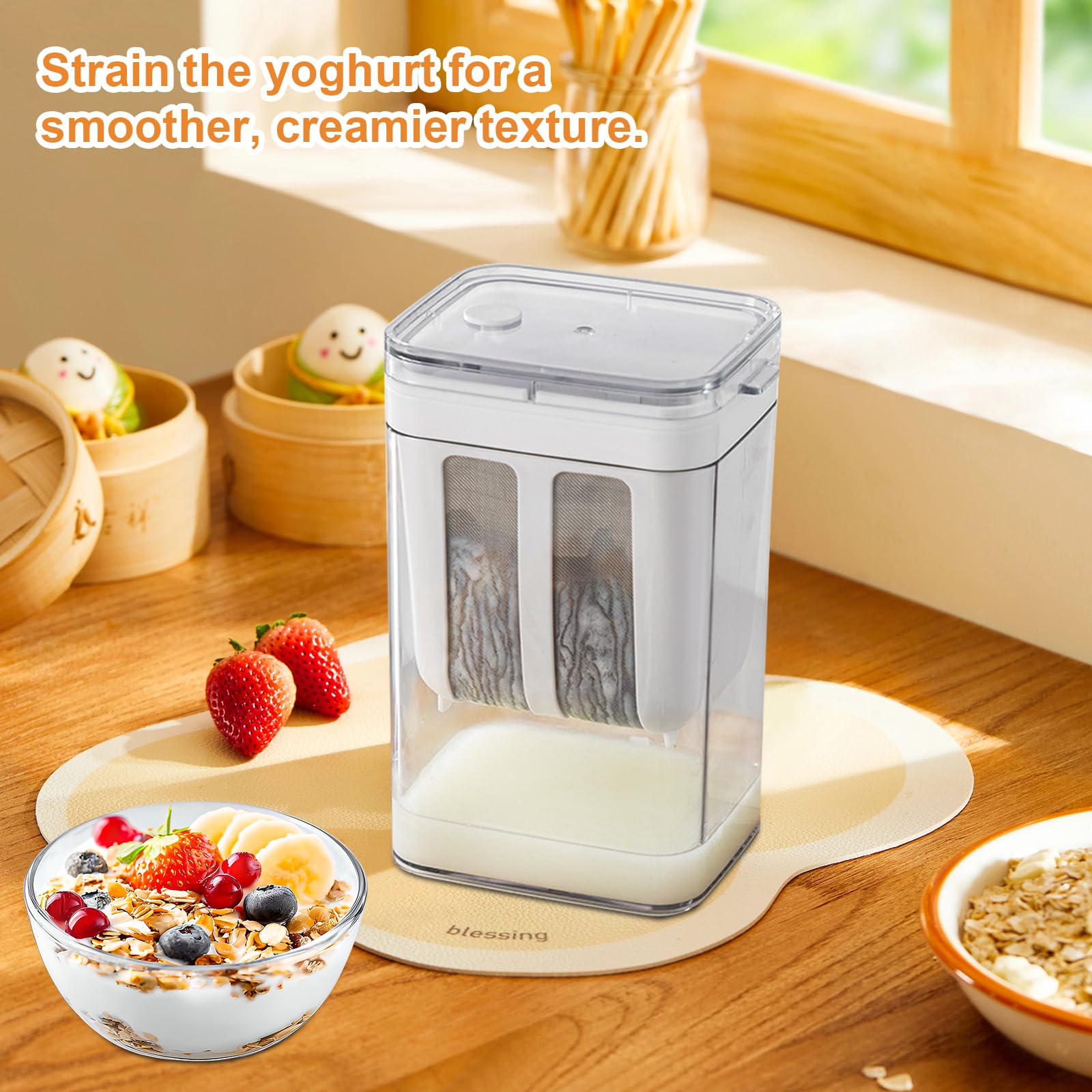 Colino per yogurt greco da 1100 ml, riutilizzabile con coperchio e filtro in acciaio inox per yogurt, crema di formaggio e latte di noci