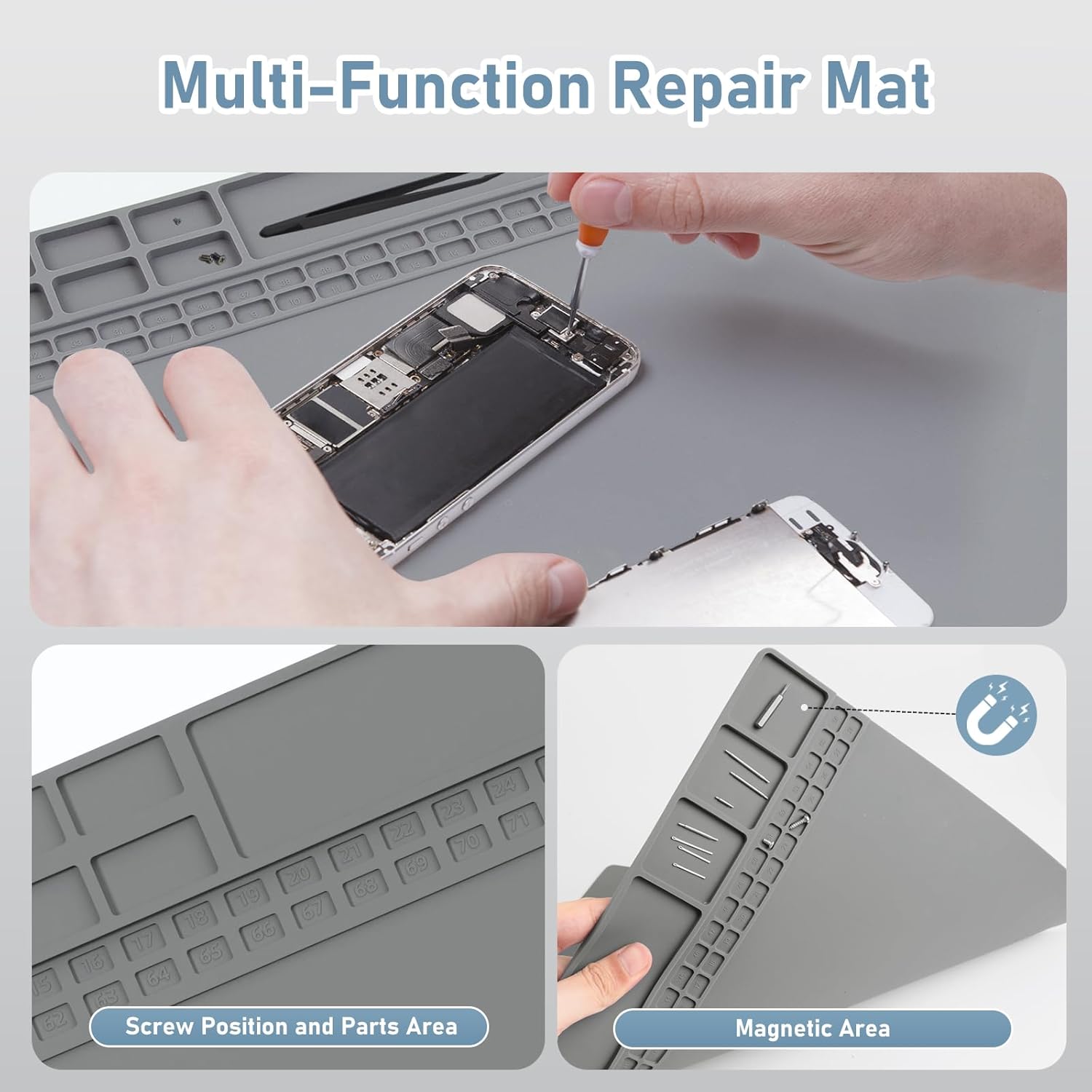 Heat Insulation Soldering Mat - Magnetic Silicone Work Mat, Silicone Soldering Mat for Soldering, Computer, Cell Phone, Watch Repair, BGA Soldering Gun Iron Workbench Protection (15.9''×11.9'') - Gray