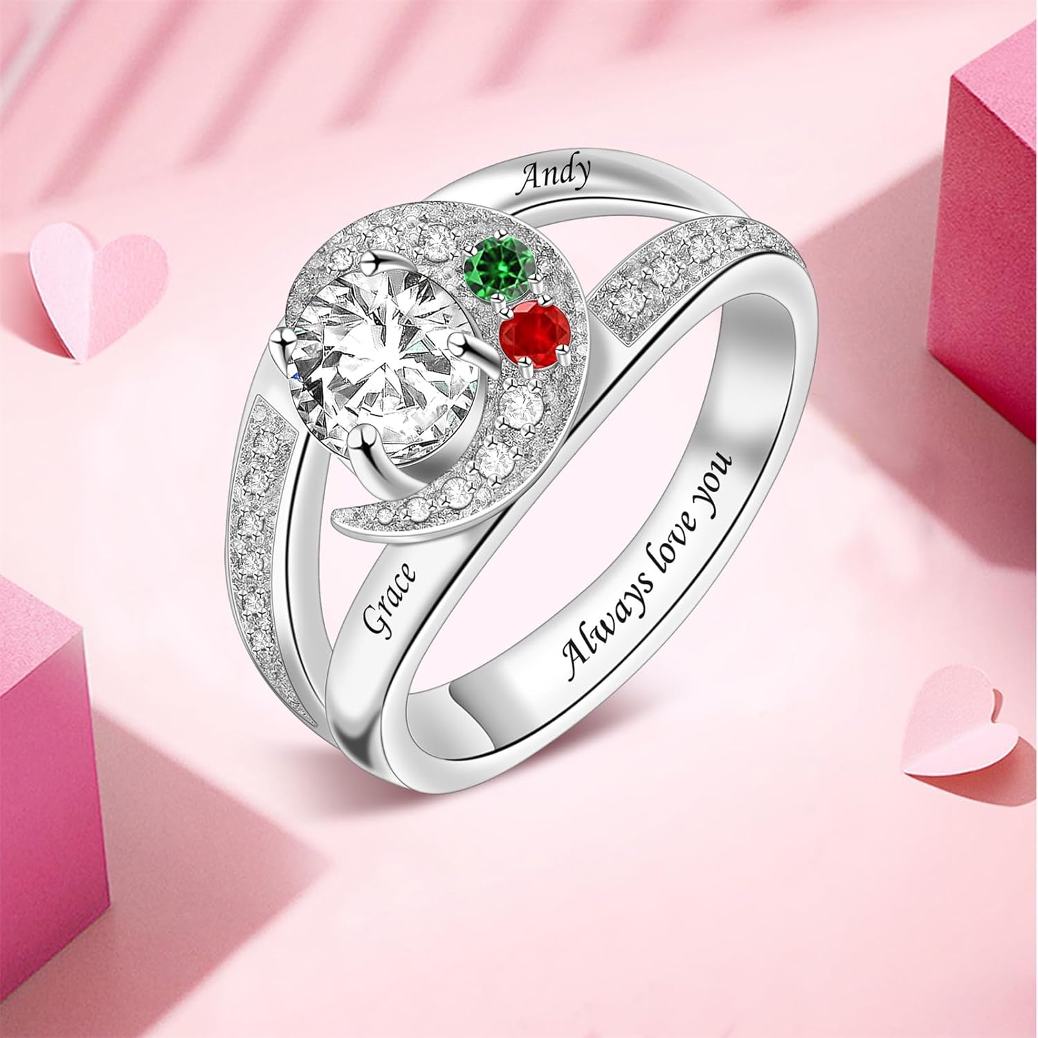 MissNaNa Personalized Mothers Rings with Simulated Birthstones 925 Sterling Silver Mother's Day Rings Engraved Family Names Custom Family Rings for Women Mother Wife