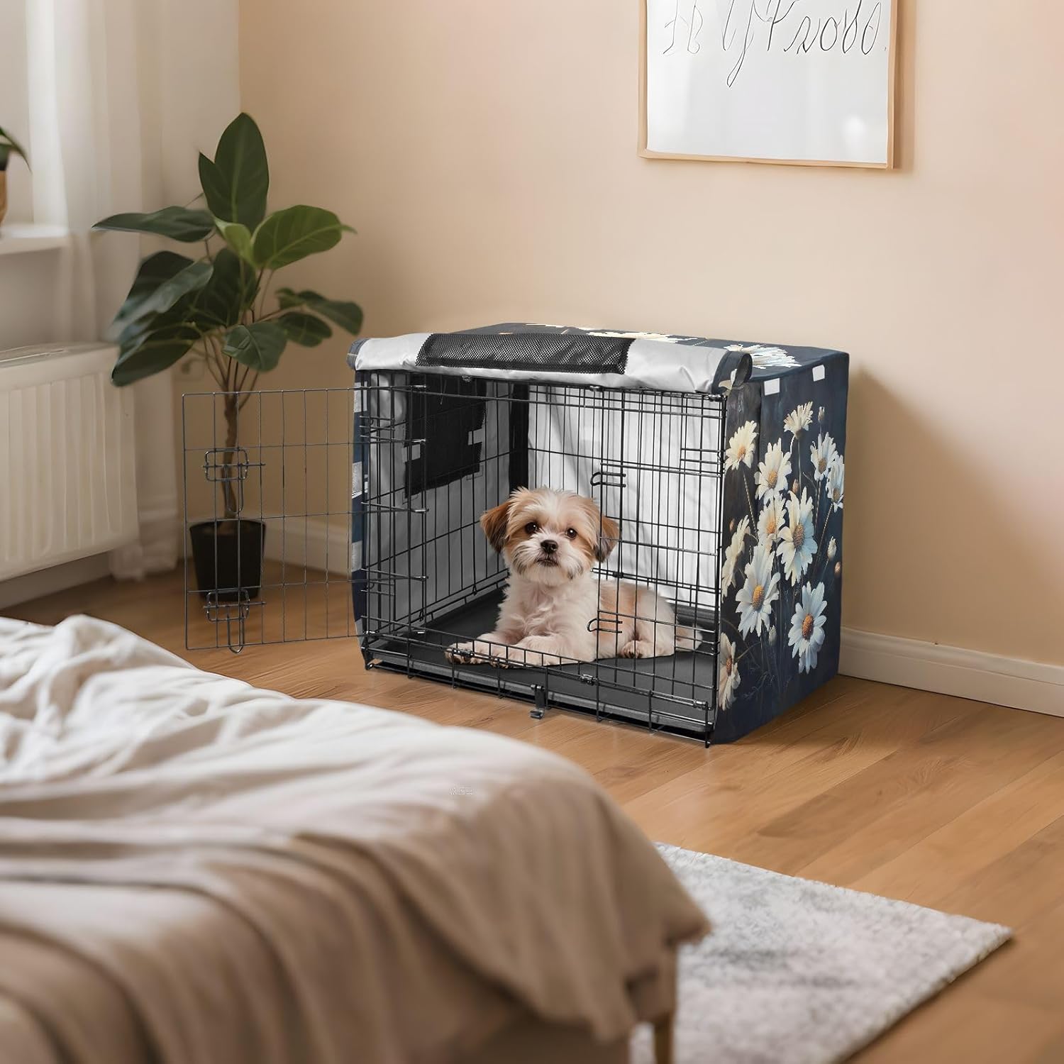 Daisy Flowers Dog Crate Cover S-XL Washable Pet Cage Cover with Openings, Reduces Barking, X-Large
