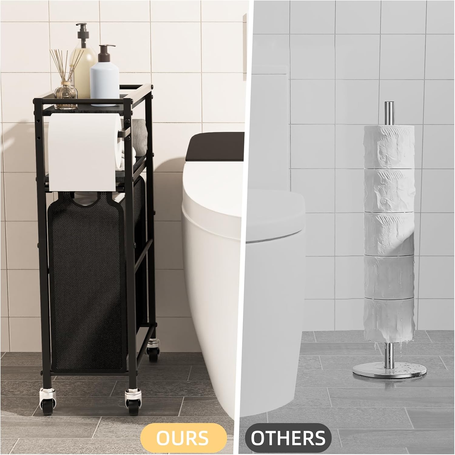 Toilet Paper Holder with Storage Bag & Wheels - Freestanding Bathroom Organizer Holds 9 Rolls for Small Spaces, Essentials Storage Beside Toilet-Black