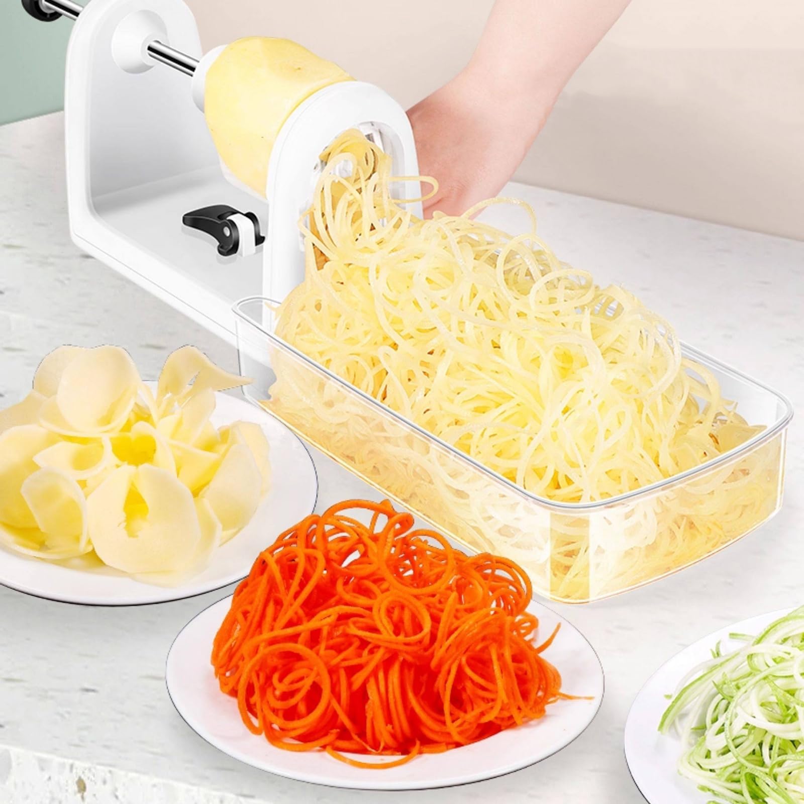Obst-Spiralschneider, Gemüseschneider mit vakuumversiegeltem Boden, 4 Klingen und integrierter Klingenaufbewahrung für die Küche