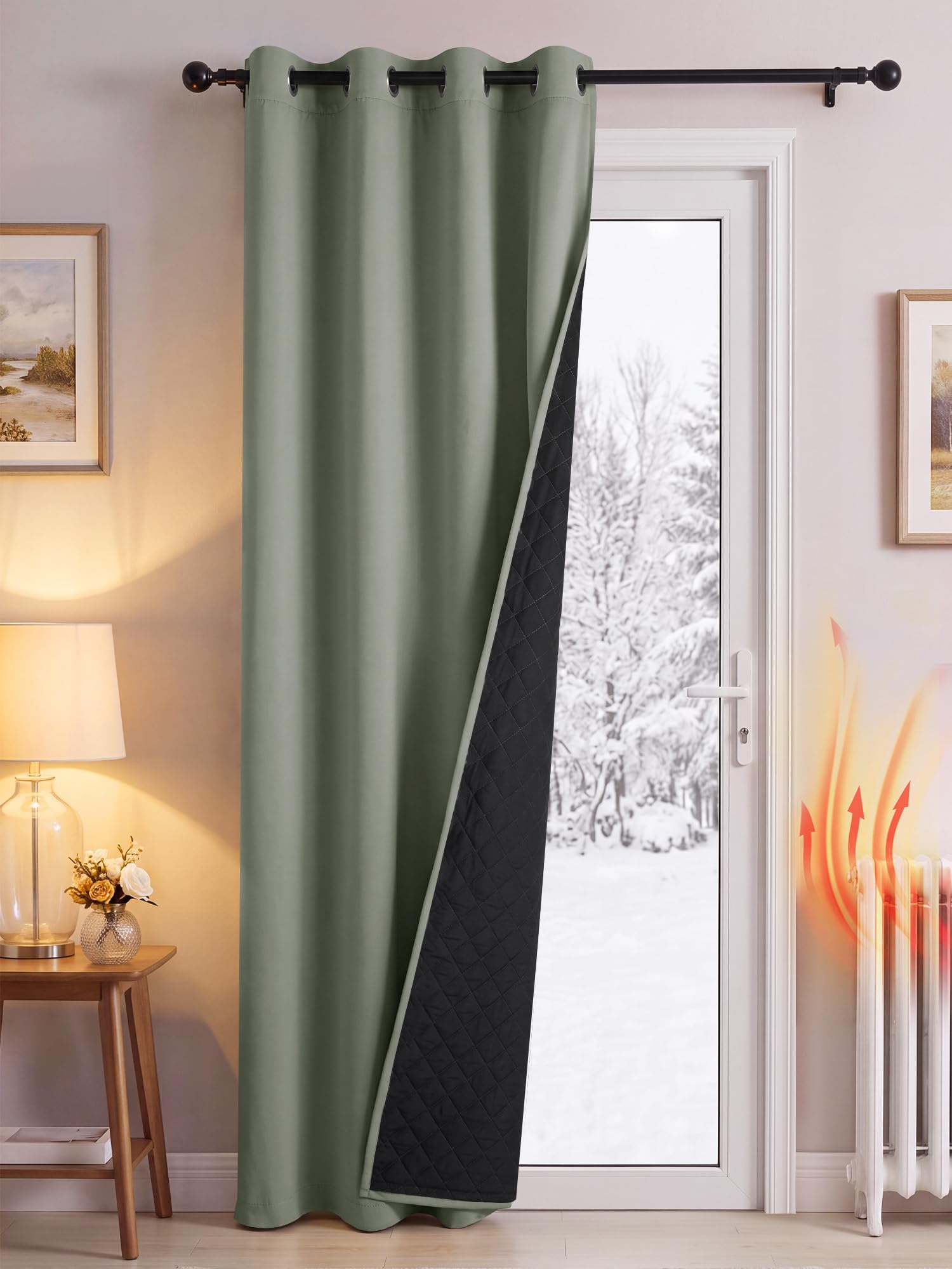 PONY DANCE Thermal Door Curtain with Quilted Lining, Sage Green, 52x90