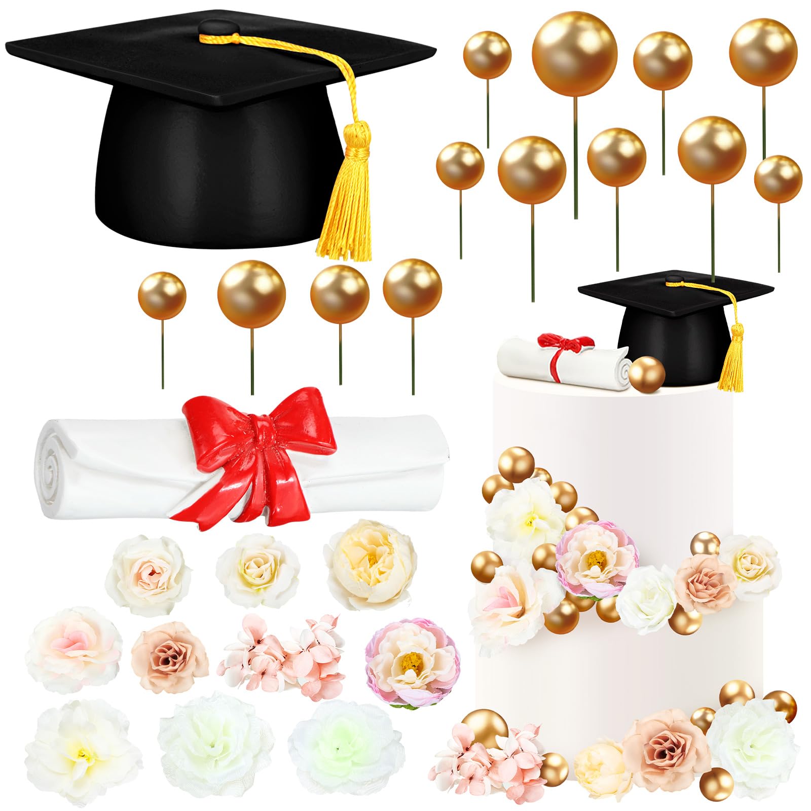 Wavwavw 50 Pcs Resin Graduation Cake Cupcake Toppers Cap and Diploma Gold Balls Kit Congrats Grad Cake Decorations for 2025 Master Graduation Party Middle High School Supplies(Black)